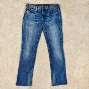 True Religion Cora Mid Rise Straight Leg Jeans‎ Medium Wash Raw Hem Size 26